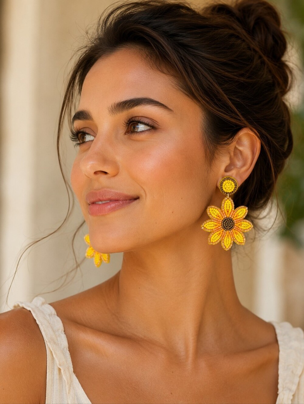 Stylish Trendy Sunflower Design Boho Style Drop Earrings Made‎ Of Tiny Beads